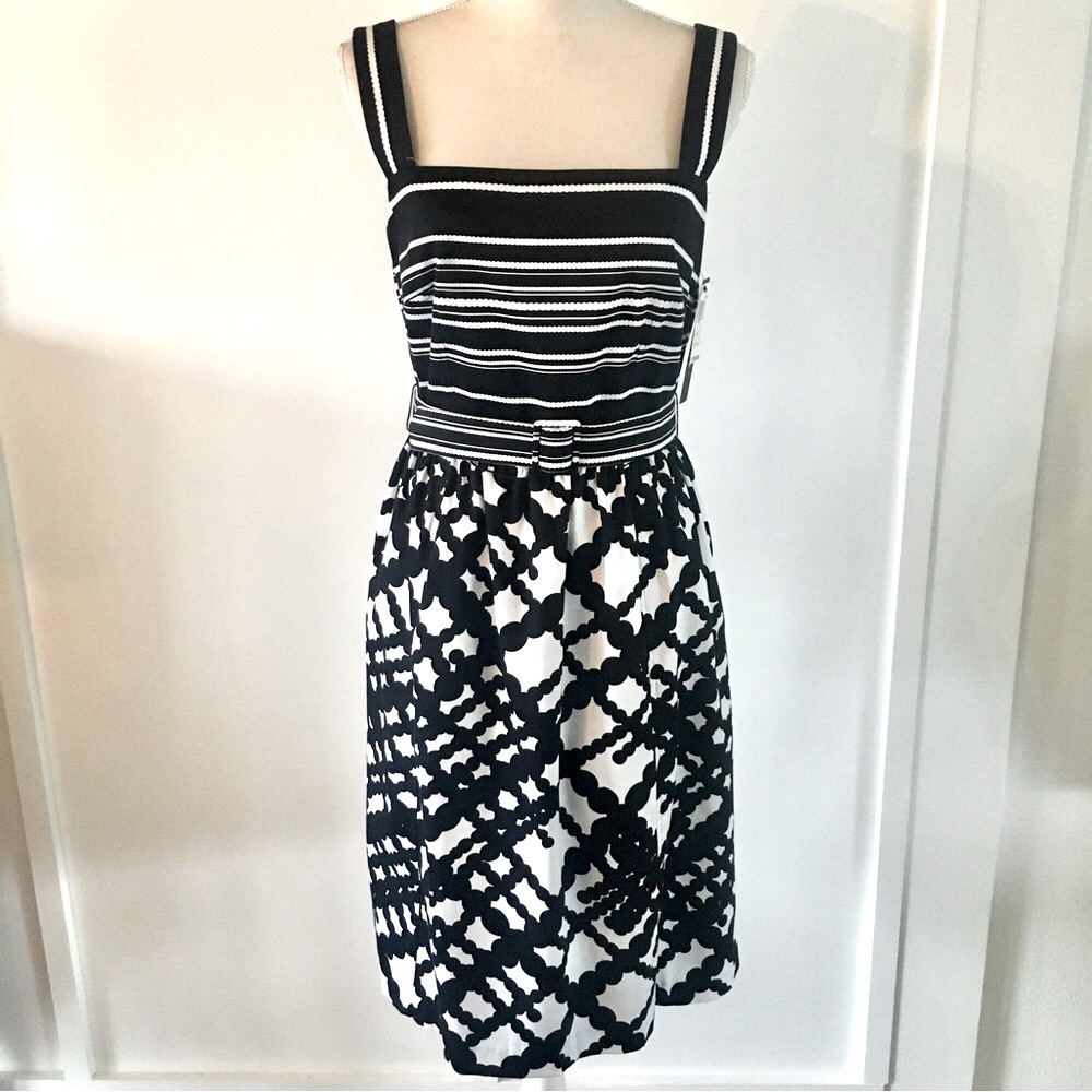 David Meister belted midi sundress in black and white print